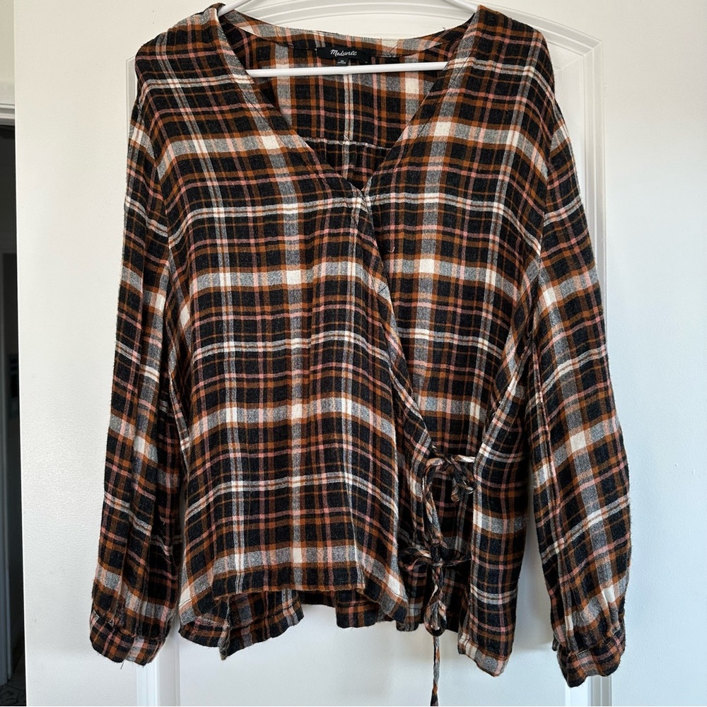 Madewell Orange, Black and White Plaid Wrap Top